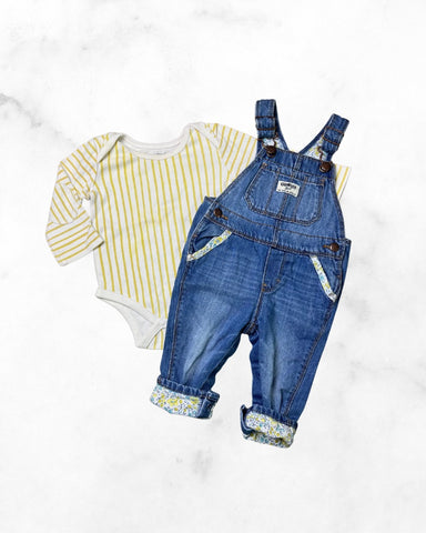 pehr/oshkosh ♡ 6-12mo ♡ striped long sleeve bodysuit & floral lined overall set
