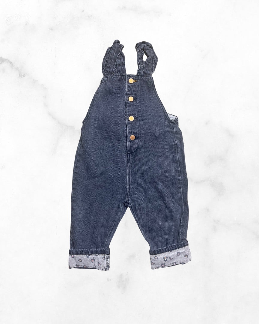 zara ♡ 12-18mo ♡ cheetah trim black denim overalls