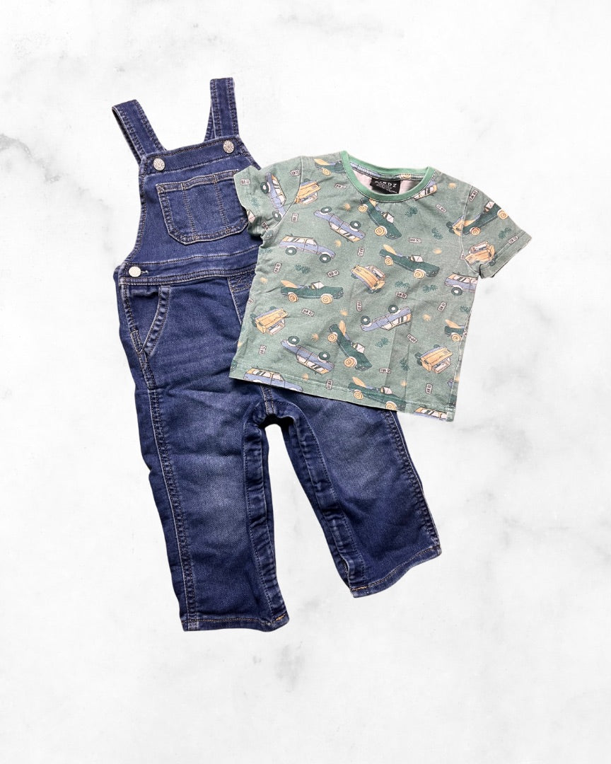 gap/birdz ♡ 18-24mo ♡ car tee & denim stretch overall set