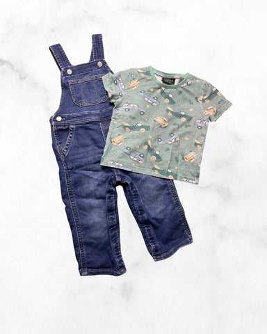 gap/birdz ♡ 18-24mo ♡ car tee & denim stretch overall set