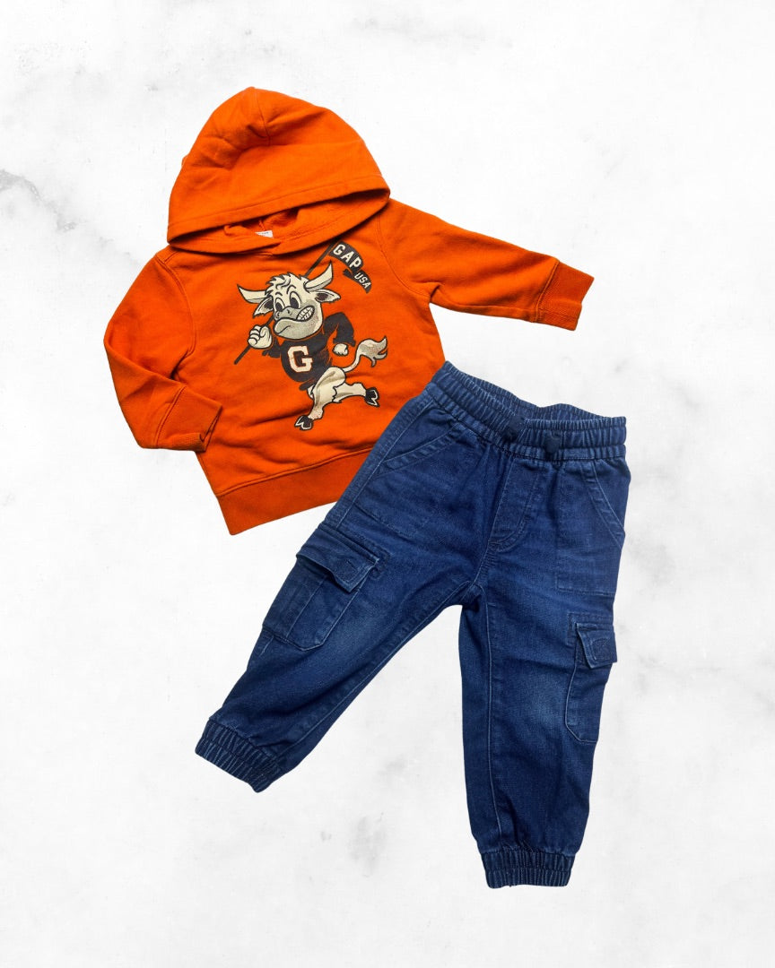 gap ♡ 2t ♡ varsity bull hoodie & denim cargo jogger set