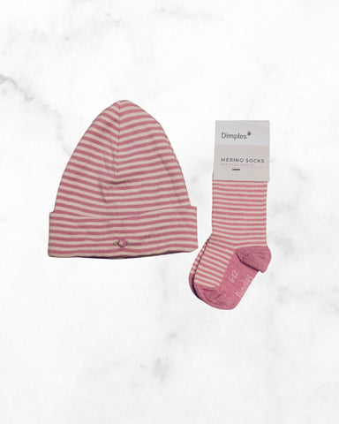 dimples ♡ 6-12 mo ♡ pink striped sock & hat set