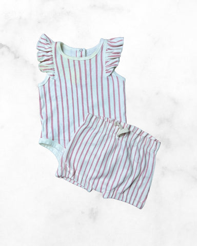 pehr ♡ 0-3 mo ♡ pink stripes away ruffle tank bodysuit & short set