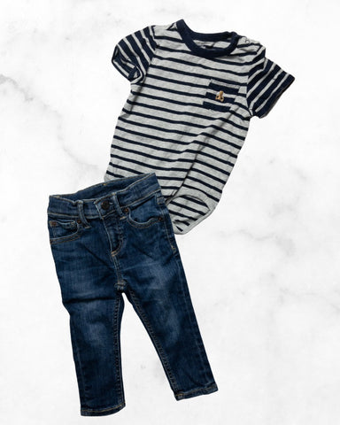 gap ♡ 18-24 mo ♡ navy-grey striped bodysuit & jeans bundle