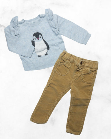 gap/oshkosh ♡ 12-18 mo ♡ ruffle sleeve penguin sweater/  tan cords bundle