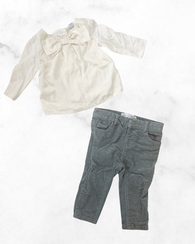 janie and jack/zara ♡ 6-12 mo ♡ satin bow long sleeve and corduroy pant set