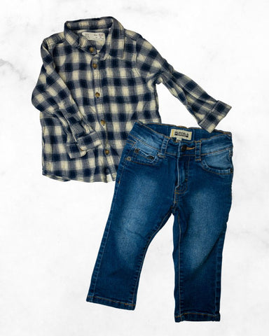 zara/buffalo ♡ 12-18 mo ♡ plaid flannel shirt/medium wash denim