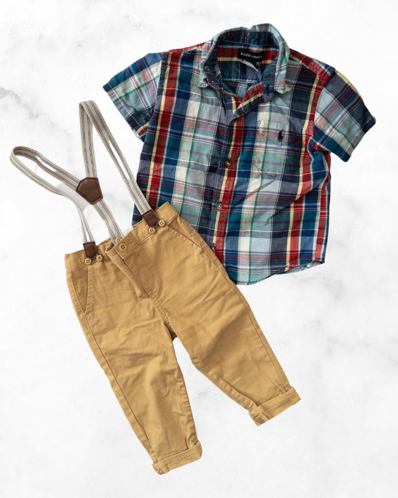 ralph lauren/ baby b'gosh ♡ 18-24 mo ♡ plaid button up & tan suspender pants