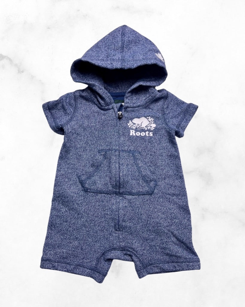 roots ♡ 3-6 mo ♡ blue salt & pepper romper hoodie