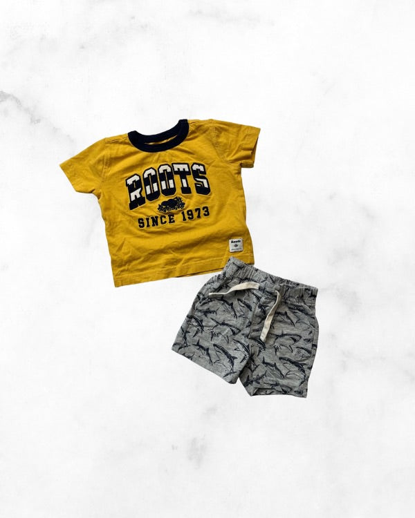 roots/gap ♡ 3-6 mo ♡ cotton shark shorts & mustard t-shirt set