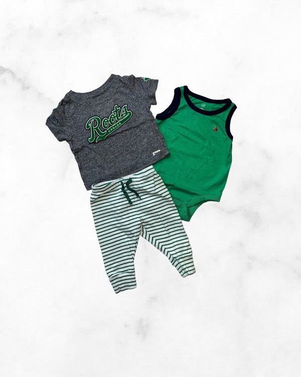 gap/roots ♡ 3-6 mo ♡ green striped jogger & shirt bundle
