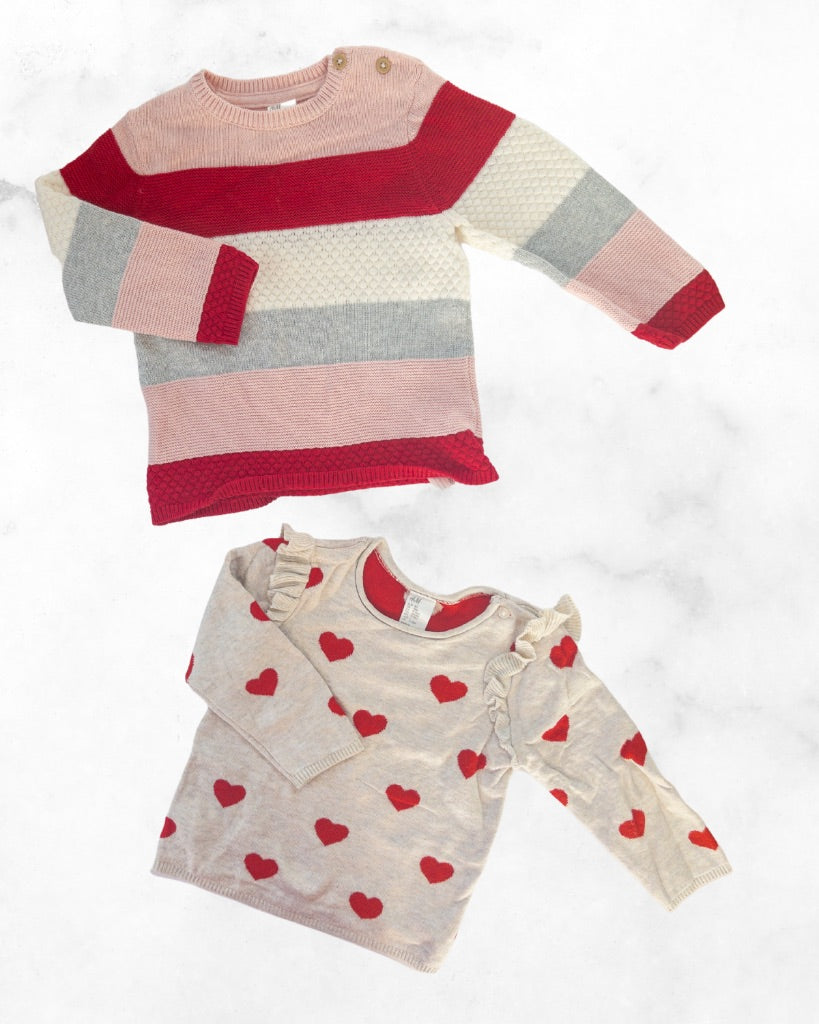 h&m ♡ 9-12 mo ♡ ruffle hearts & pinks colour block knits bundle