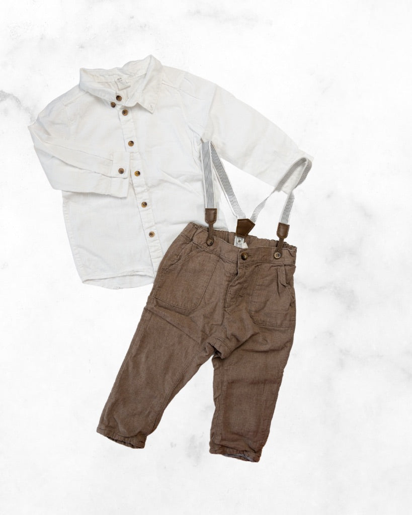 h&m ♡ 12-18 mo ♡ white button up & lined suspender pants
