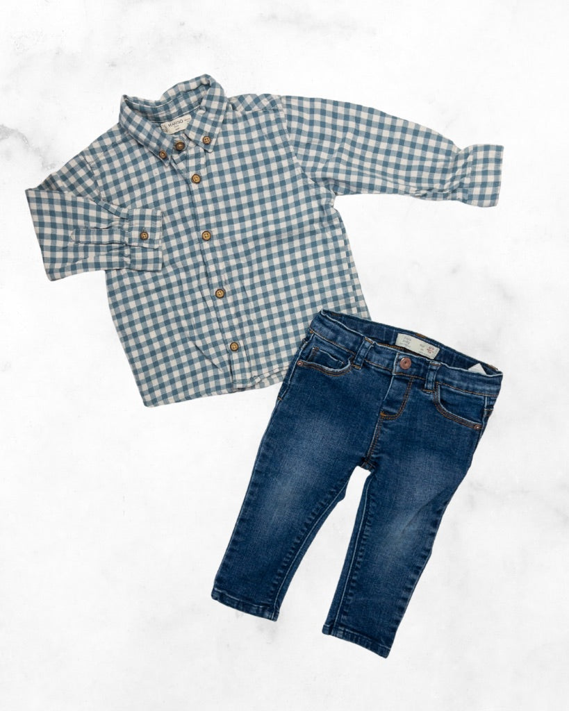 mango/zara ♡ 9-12 / 6-9 ♡ blue checkered button up and jeans bundle